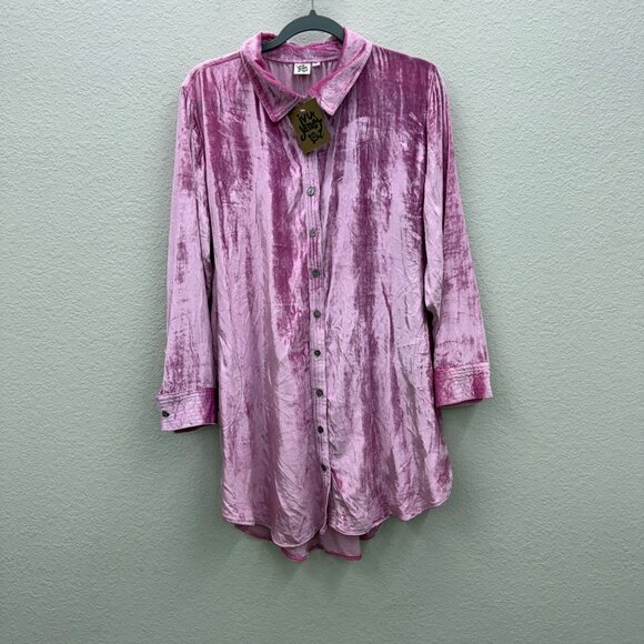 Ivy Jane Pink Crushed Velvet Long Sleeve Button Up Shirt Dress Womens Medium NEW - Picture 1 of 7